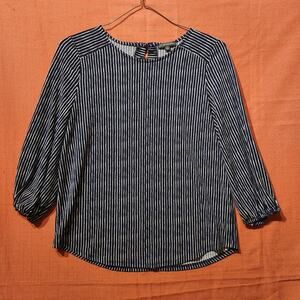 Adrianna Papell Sz M Blue & White Striped Top Cuff Half Sleeve Stretchy Blouse